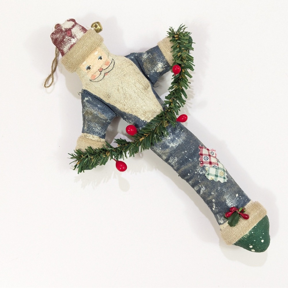 Primitive Country Christmas 10" Folk Art Handpainted Fabric Stuffed Santa Figure